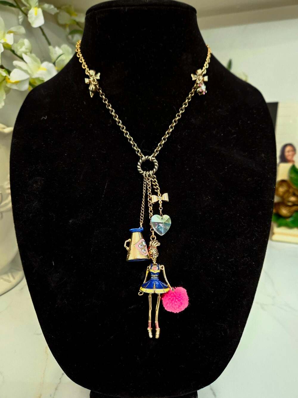 Betsey Johnson Cheerleader Girl W/Megaphone & Pom Pom Charm Necklace